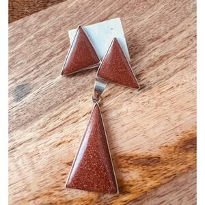 Vintage Sterling Silver Goldstone Pendant & Earrings Set Triangle Shape Boho
